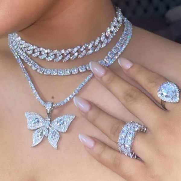 

chains 2021 hip hop crystal big butterfly choker necklaces for women bling rhinestone miami cuban link chain necklace punk jewelry, Silver