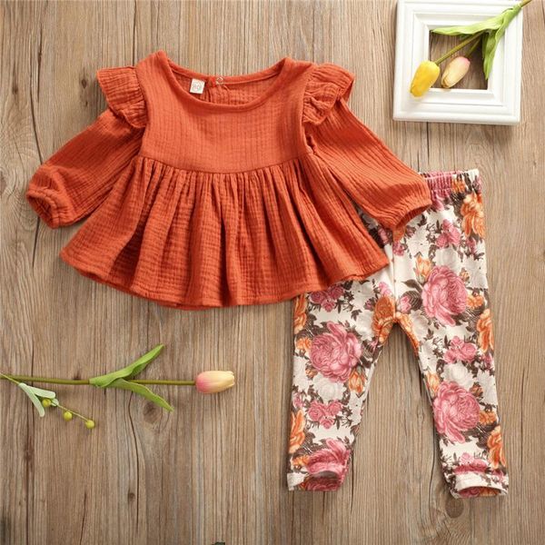 

baby girls spring clothes set long sleeve solid color ruffle pullover + floral print pants 2pcs autumn outfits clothing sets, White