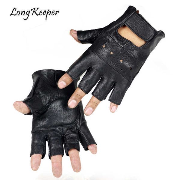 

long keeper men genuine leather gloves slip-resistant luvas half finger sheep leather fingerless gloves gants moto h0818, Blue;gray