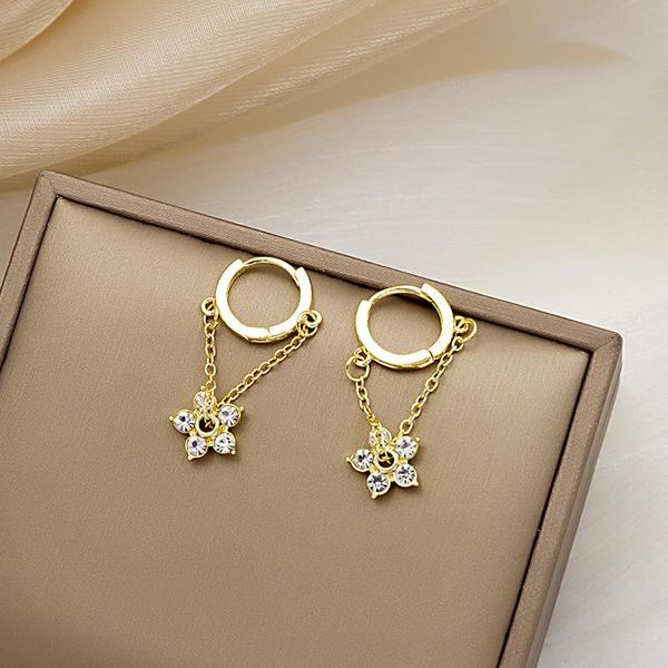 

hoop & huggie 2021 super flash chain flower rhinestone earrings all-match exquisite small and simple ear buckle ring, Golden;silver