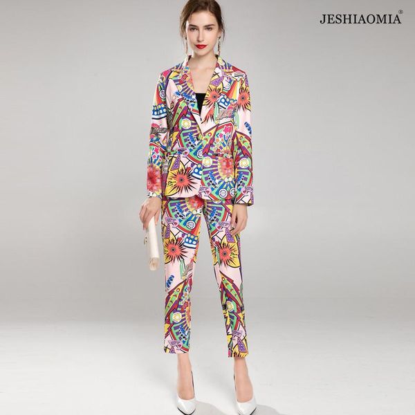 

women's two piece pants jeshiaomia- 2021 autumn notched collar print blazer & cropped suit, White