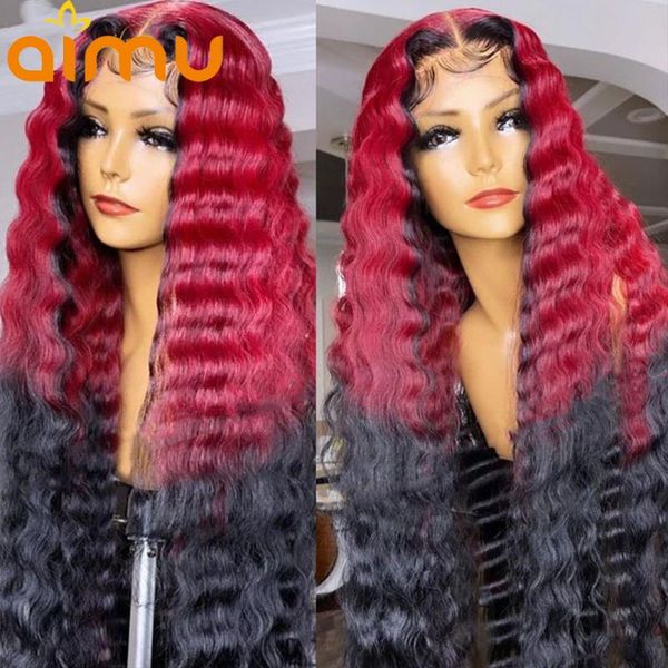 

lace wigs ombre 99j burgundy red wig human hair loose deep water wave hd transparent front for women full pre plucked 250 density, Black;brown