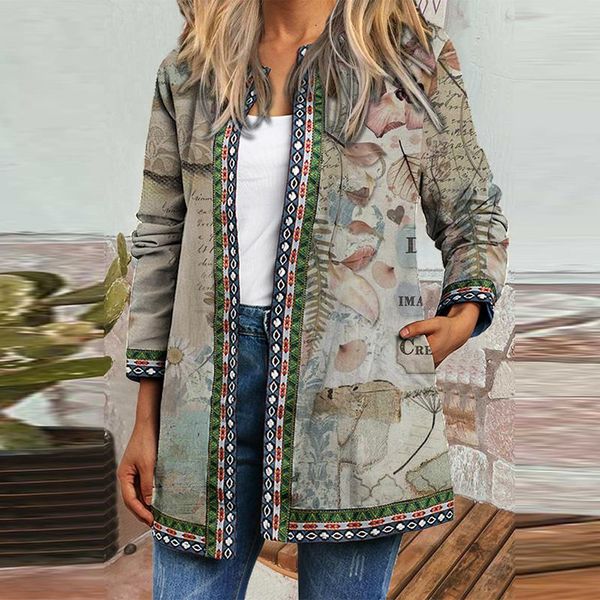 

women's trench coats autumn winter long sleeve women cardigan retro print windbreaker jacket elegant stand collar casual pocket outerw, Tan;black