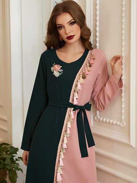 

ethnic clothing ba612 beautiful retro green pink color tassel handmade flower rhinestone long sleeve gown abaya, Red