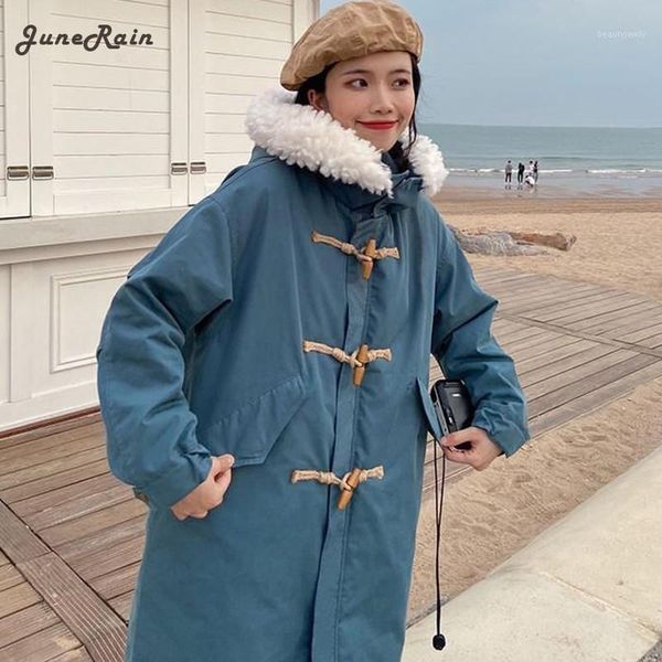 

women's down & parkas junerain 2021 women elegant blue fur collar sweet warm long female horn button winter steetwears lady casual coat, Black