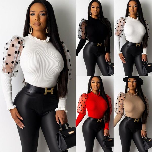 

women's sweaters women turtle neck mesh polka long sheer sleeve sweater pullover ladies fashion clothing, White;black