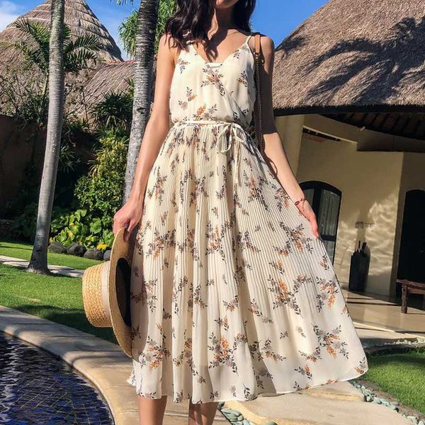 

casual beach style sweet camisole pleated dresses for women elegant print chiffon silm waist office lady vestidos 210525, Black;gray