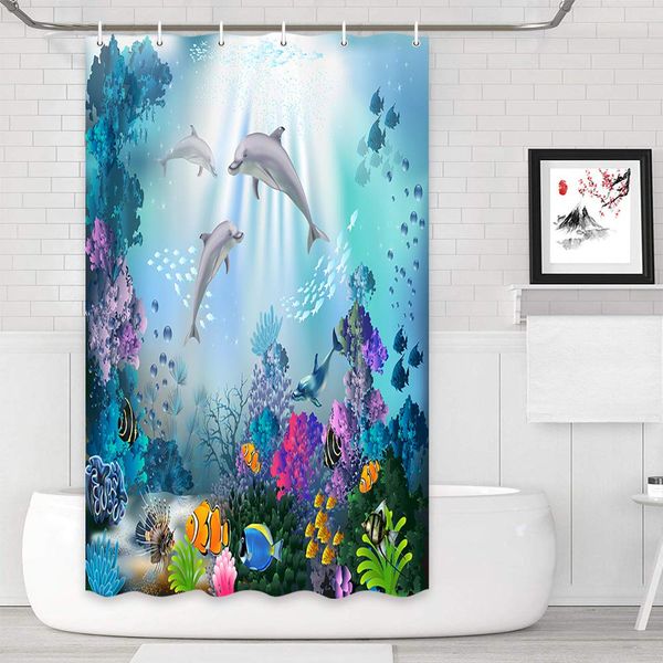 

dolphin shower curtain, blue ocean tropical fish coral underwater sea animal dolphin bathroom curtains set, fabric dolphin
