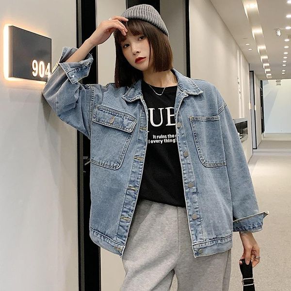 

women's jackets denim jacket with pockets spring turndown collar oversize blue jeans ladies loose for women 2021 casual, Black;brown