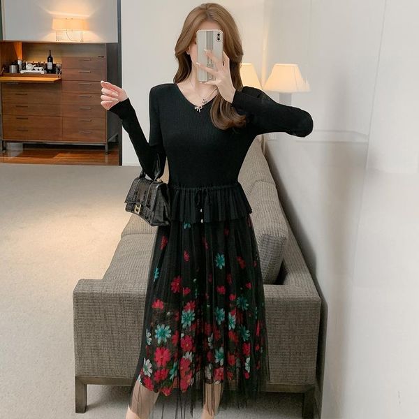 

casual dresses autumn women's dress 2021 sweet floral v-neck sweater knitting mesh print long sleeve, Black;gray