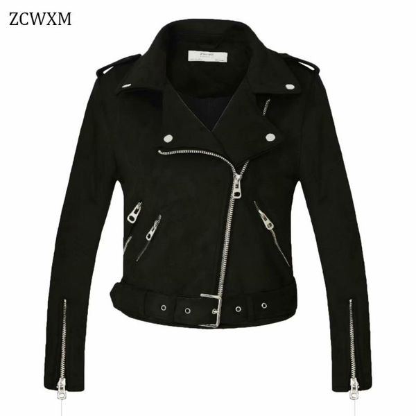 

thick fake suede faux leather jackets women autumn winter sash lady matte motorcycle coats biker zippers street outwear women's &, Black