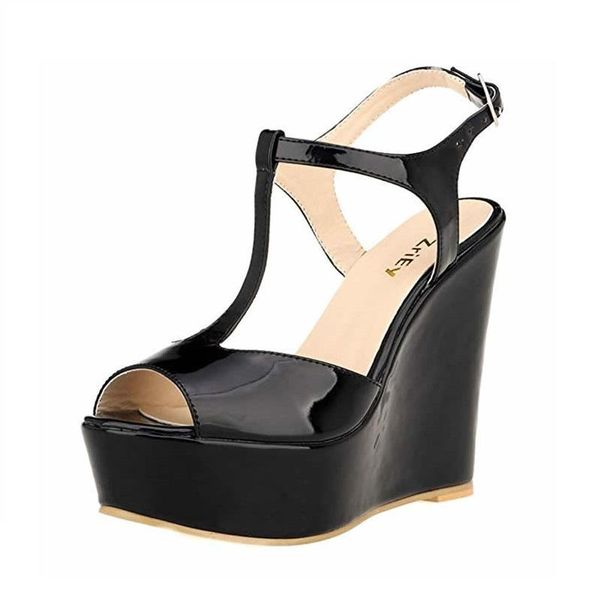 

women sandals 14cm open toe wedge club ankle strap high heels sandal patent leather dress red wedding shoes plus size, Black