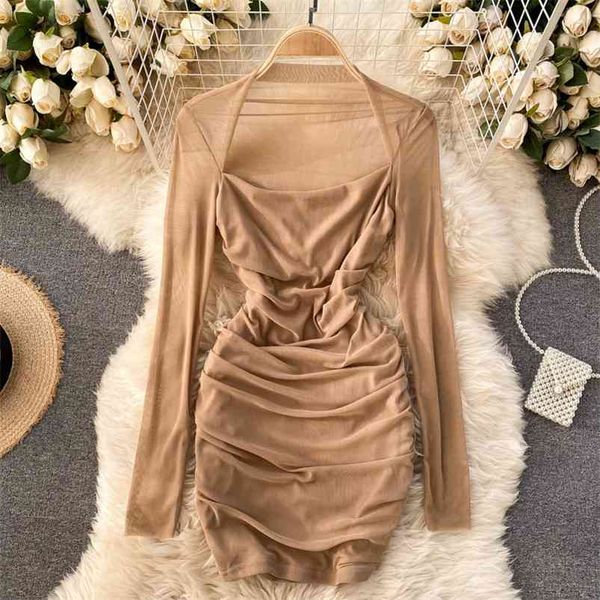 

spring style fashion vestidos female see-through mesh lapel pleated mini hip dress c330 210507, Black;gray