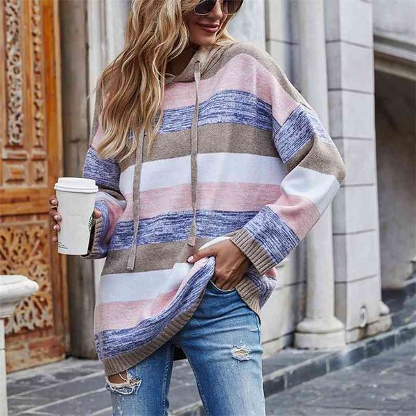 

autumn drawstrings knit hoodie sweater women winter gradient stripes stitching pullovers female jumper 210517, White;black