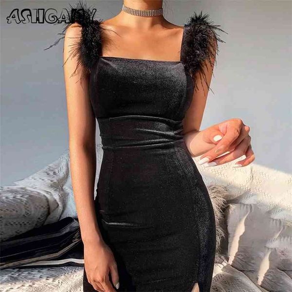 

ashgaily new velvet dress women sleeveless dress solid feathers bodycon clothes party club outfits femme 210323, Black;gray