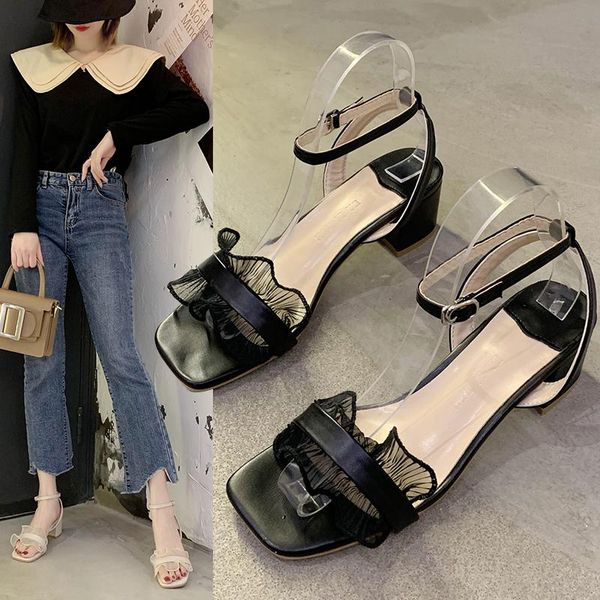 

sandals fashion square low heel women summer elegant ruffles open toe ankle strap ladies outdoor beach shoes mujer size 35-39, Black