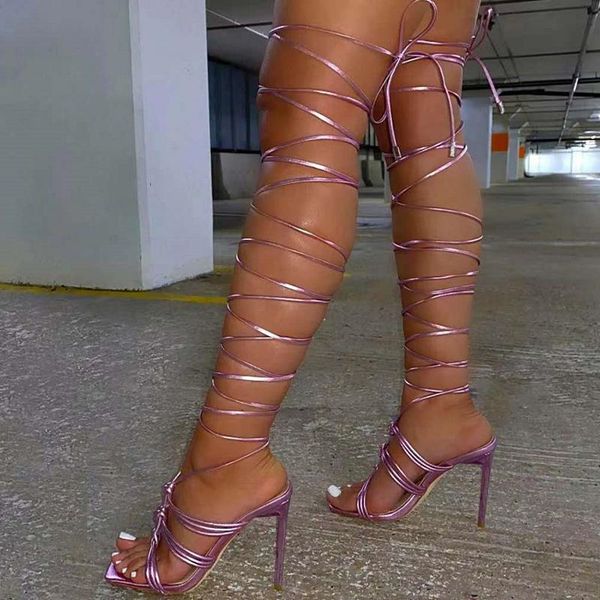 

women's gladiator sandals woman narrow band pump cross tied lace up summer high heel slide shoes ladies nightclub plus size 2021, Black