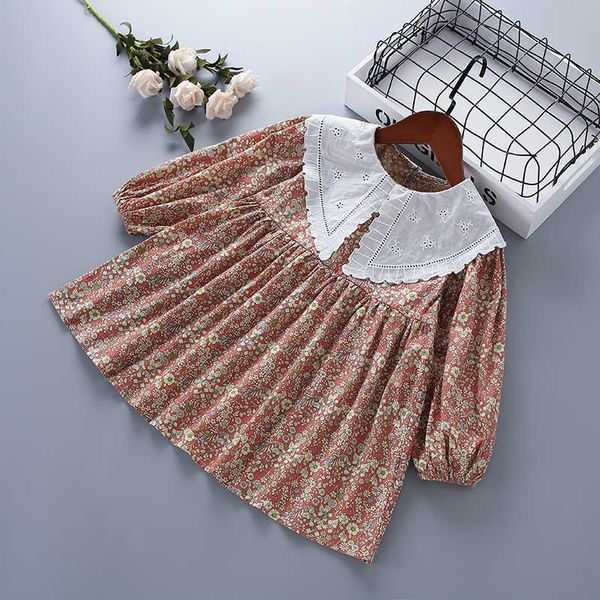 3-7 anos de alta qualidade menina roupas outono moda casual laço padrão floral crianças crianças princesa vestidos 210615
