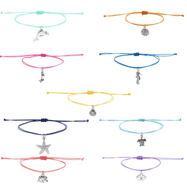 

foot chain bohemian wind wax thread hand woven foot chain alloy turtle starfish pull foot chain, Black