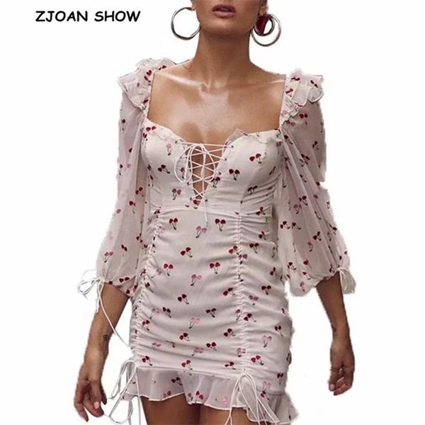 

white cherry print summer dress ruffle detail long sleeves mini short for women tie neckline party es 210429, Black;gray