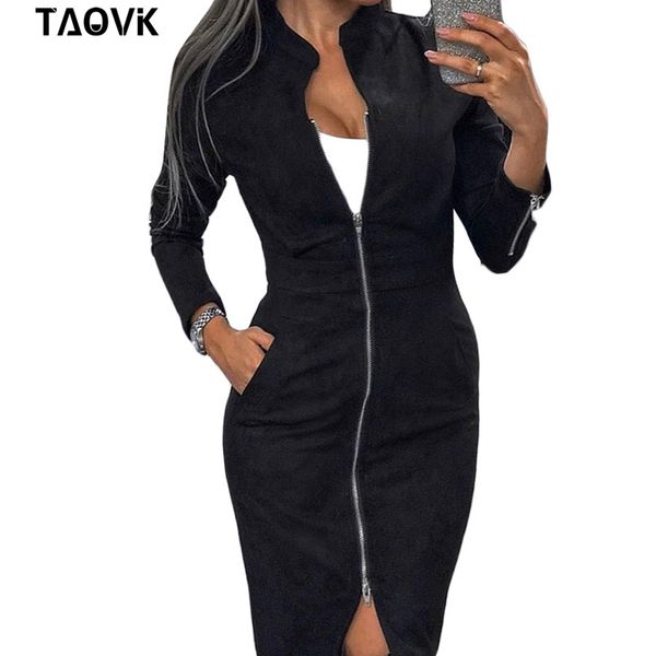 

2021taovk womens dress long sleeve bodycon zippers vintage stand collar office womens dresses, Black;gray