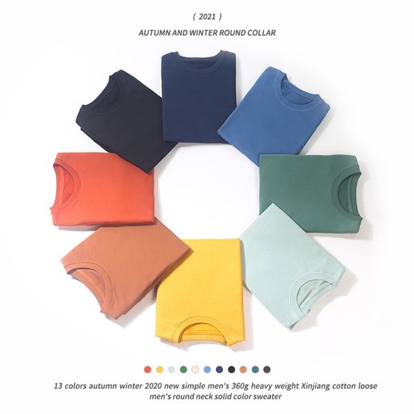 

13 2020 autumn winter new simple wear 360g xinjiang cotton loose men's round neck solid color sweater, Black