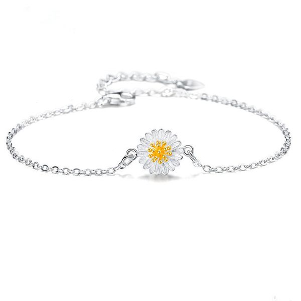

real 925 silver 16+4cm daisy bracelet 2 tone color beautiful flower fine jewelry bangle gift for daughter, Golden;silver