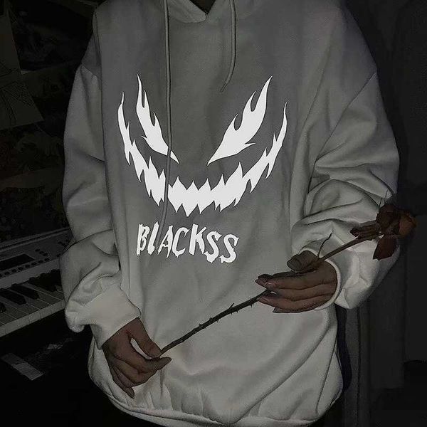 

autumn and winter new devil print reflective sweater men's korean loose boys' hooded lovers' fashion2021, Black