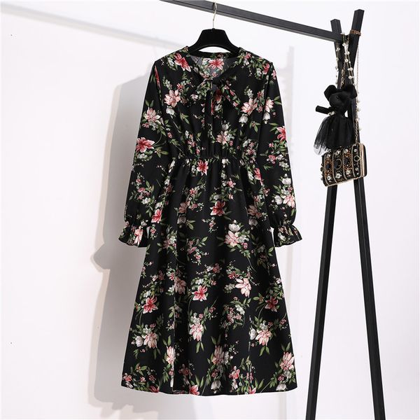 

dresses autumn winter ladies chiffon high elastic waist women bow aline full sleeve flower print party female vestido 6g6p, Black;gray