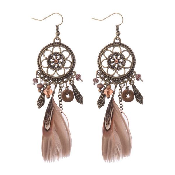 

dangle & chandelier douvei 2021 design bohemian boho hollow flower dream catcher round bead feather women hook earrings hqe423, Silver