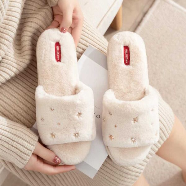 

fashion metal decoration winter women house slippers faux fur warm flat shoes female slip on home furry ladies qq865 210625, Black