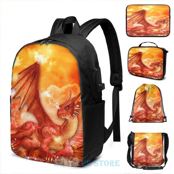 

backpack funny graphic print red power dragon usb charge men school bags women bag travel laptop