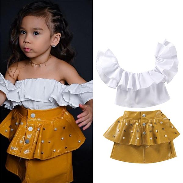 

clothing sets 1-6 years girls trendy outfits kids solid white flounce off-shoulder + rivet short leather skirt set summer