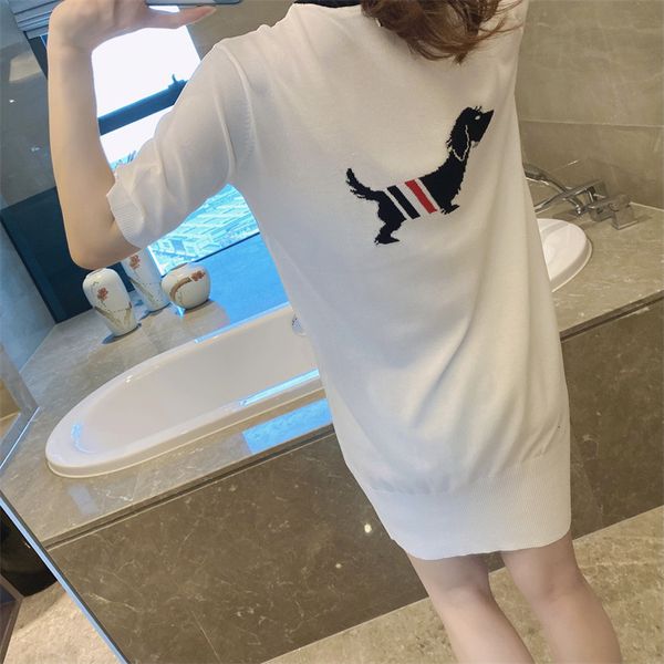 

t shirt college style contrast color back dog short sleeve ice silk knitted round neck shows thin foreign aging dress 2021 summer, White