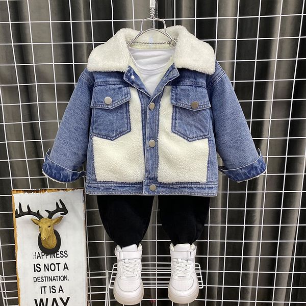 

kids boys jacket velvet inside warm winter baby boy clothes cotton keep warm denim plush cotton-padded coats 2 to 9 yrs children, White