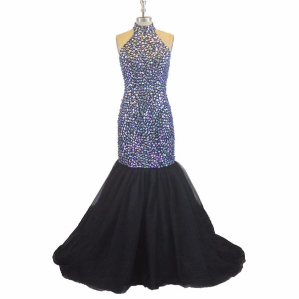 

party dresses halter neck bling crystal mermaid prom shiny 2021, White;black
