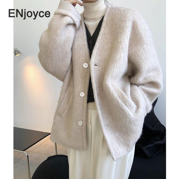 

women's wool & blends women mohair coat ladies winter single breasted v neck outwear jacket oversize warm thick luxury overcoat, Black