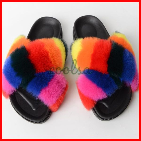 

summer women fur slippers rainbow cross-tied slides faux flip flop non-slip flat outdoor sandals lady cute slip on shoes, Black