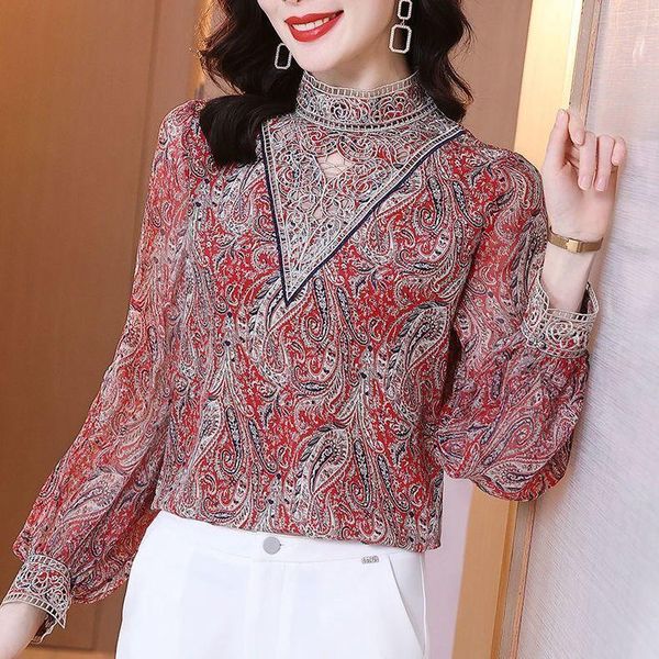 

women's blouses & shirts blouse women shirt printed chiffon wear stand-collar hollow-out embroidery lantern long sleeve loose blusas mu, White