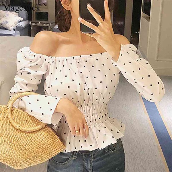 

korean style white blouse women polka dot vinatge casual shirt female elestic waist slash neck women's blouses 13322 210512