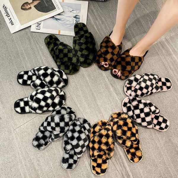 

slippers winter women house faux fur fashion lattice furry shoes woman slip on flat indoor slides cozy warm home fluffy, Black