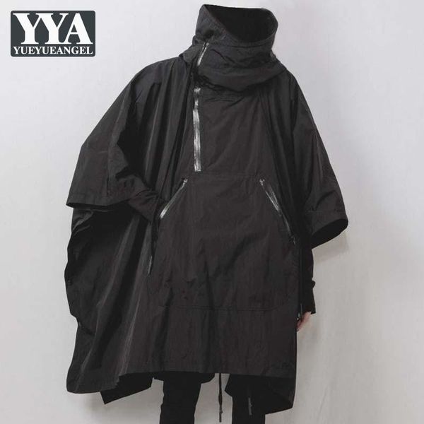 

men's trench coats black gothic mens midi long cloak windbreaker batwing sleeve loose fit mantle coat zipper stand collar harajuku mant, Tan;black