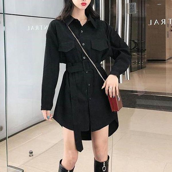 

casual dresses women mini dress fall long sleeve denial neck belt shirt office ladies button vestidos, Black;gray