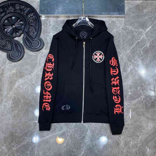 

selling chrome 2022 hearts men new croce red cross list sanskrit letter flower arm horseshoe high street tide brand zipper sweater, Black