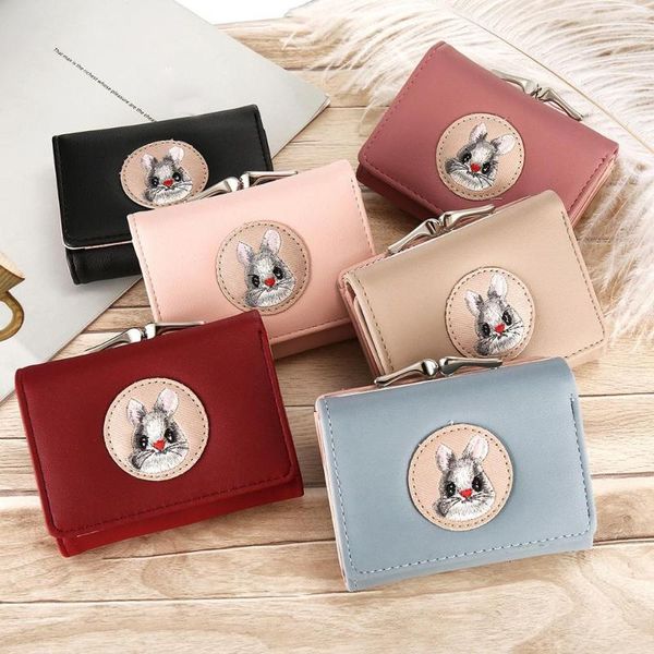

wallets cartoon hasp folp short wallet for women embroidery mini leather coin purse card bag multifunction #15, Red;black