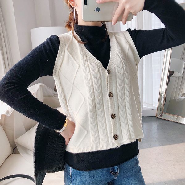 

jacket autumn and winter knit version short knitting sweater women v-neck single breasted sleeveless vest, Black;brown