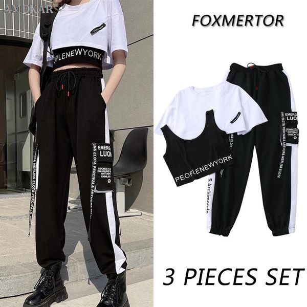 

women's two piece pants 3 pieces set summer women cargo suit streetwear outfit harajuku short sleeve 2021 trousers, White