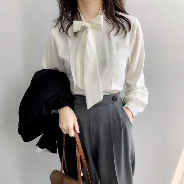 

women's blouses & shirts lace up bow tie shirt 2021 spring autumn long sleeve chiffon casual loose blouse fashion solid office lady cl, White