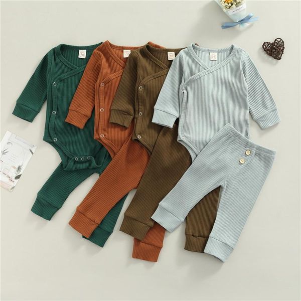 

clothing sets 2 pcs born solid color outfits baby clothes knitted cotton long sleeve v neck romper + trousers girl boy autumn, White