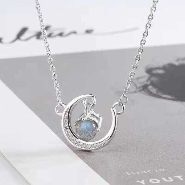 

diamond moon moonstone necklace net red pendant women's fashion design, Black